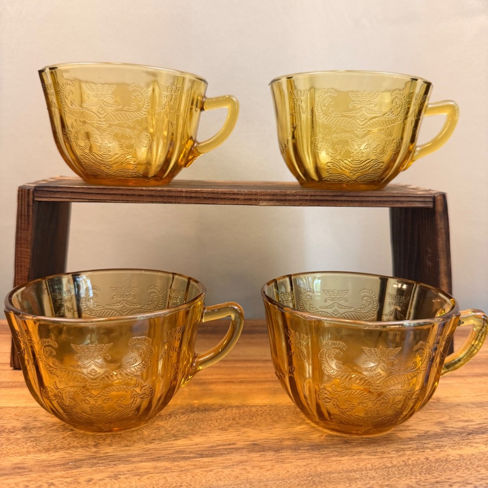 Federal Glass Madrid Amber Depression Glass Teacups Set of 4 Vintage Etched